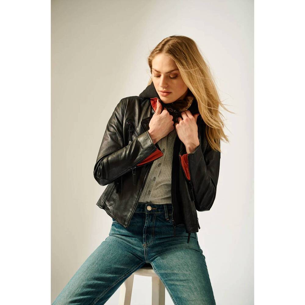 NEW MAURITIUS christyn regular fit star detail with hood leather jacket in black